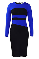 Schwarz-königsblaues, langärmliges, figurbetontes Kleid